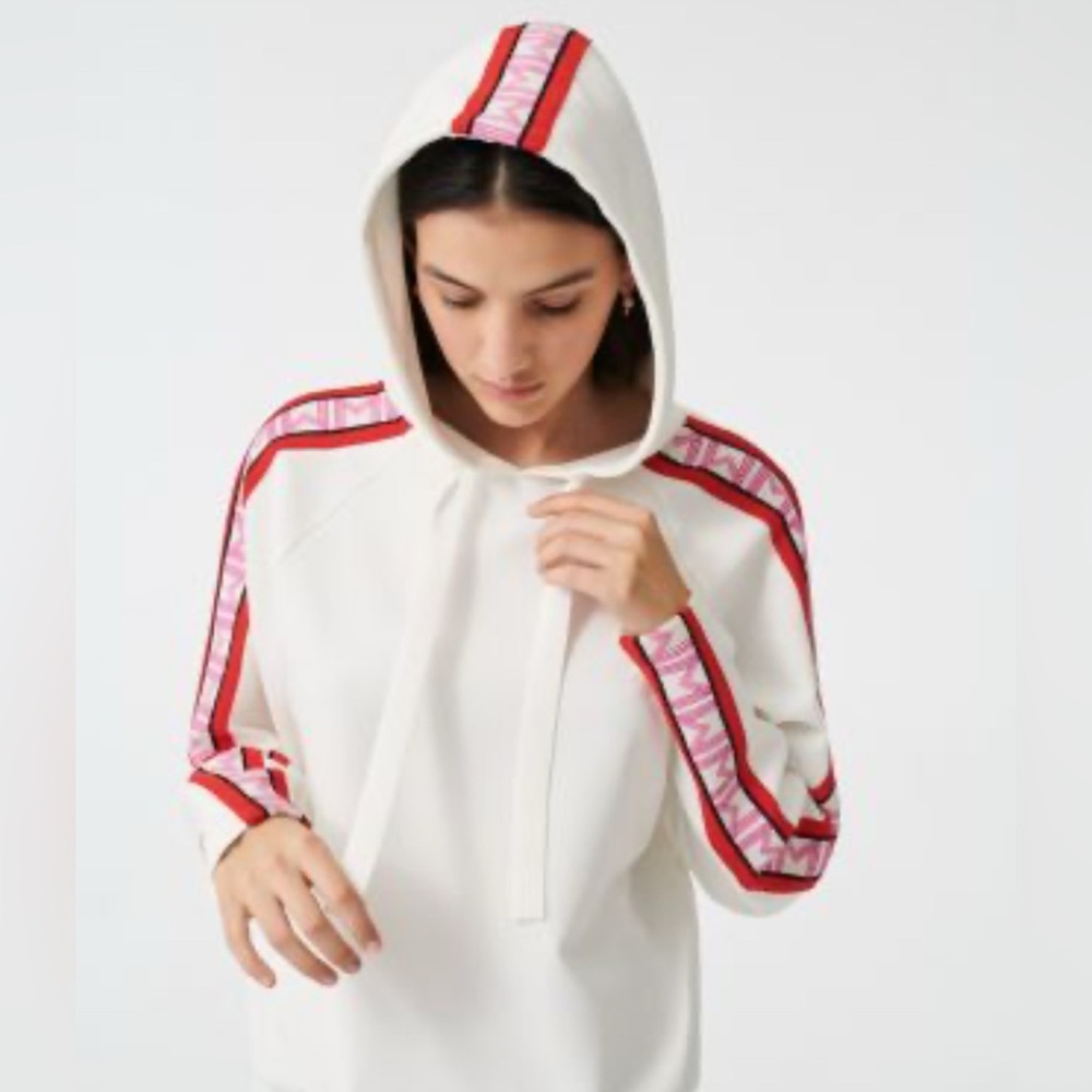 Maje Terrasse Neoprene  White Hoodie with Red Stripes and Pink Logo - Picture 3 of 7